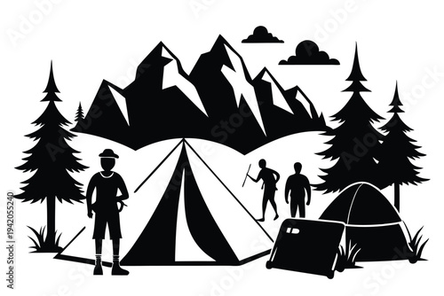 camping silhouette line art vector illustration with a white background
