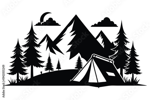 camping silhouette line art vector illustration with a white background
