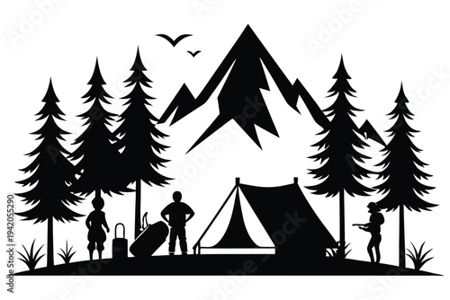 camping silhouette line art vector illustration with a white background