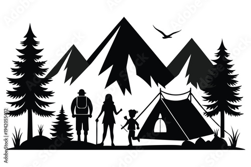 camping silhouette line art vector illustration with a white background