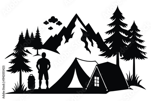 camping silhouette line art vector illustration with a white background