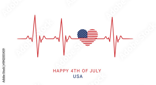 Happy 4th of July USA vector icon with heart and heartbeat line