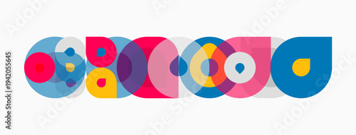 Colorful overlapping circles form abstract shapes. Design evokes playful, modern aesthetic. Simple composition, vibrant hues present.