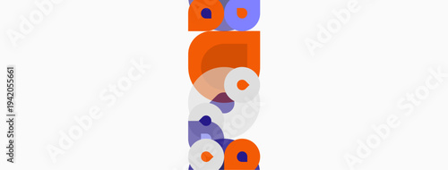 Abstract composition featuring overlapping circles, squares, rectangles. Purple, orange hues dominate white background. Modern design elements present.