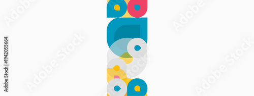 Abstract geometric shapes stacked vertically. Circles, squares, rectangles create playful composition. Bright colors contrast against white background.