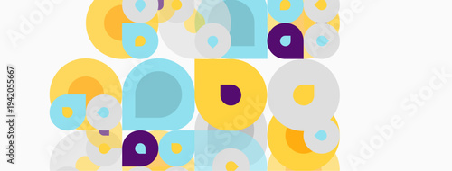 Colorful circles overlap, creating playful pattern. Soft hues dominate design, offering modern aesthetic. Simple shapes repeat.