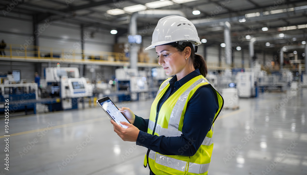 Obraz premium Confident female engineer in hard hat and safety vest uses digital tablet to monitor factory operations, showcasing modern industrial technology and efficiency