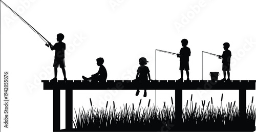 Silhouette of children fishing together on wooden pier over lake, peaceful outdoor childhood activity, friendship, leisure, summer recreation, nature bonding and simple rural lifestyle concept