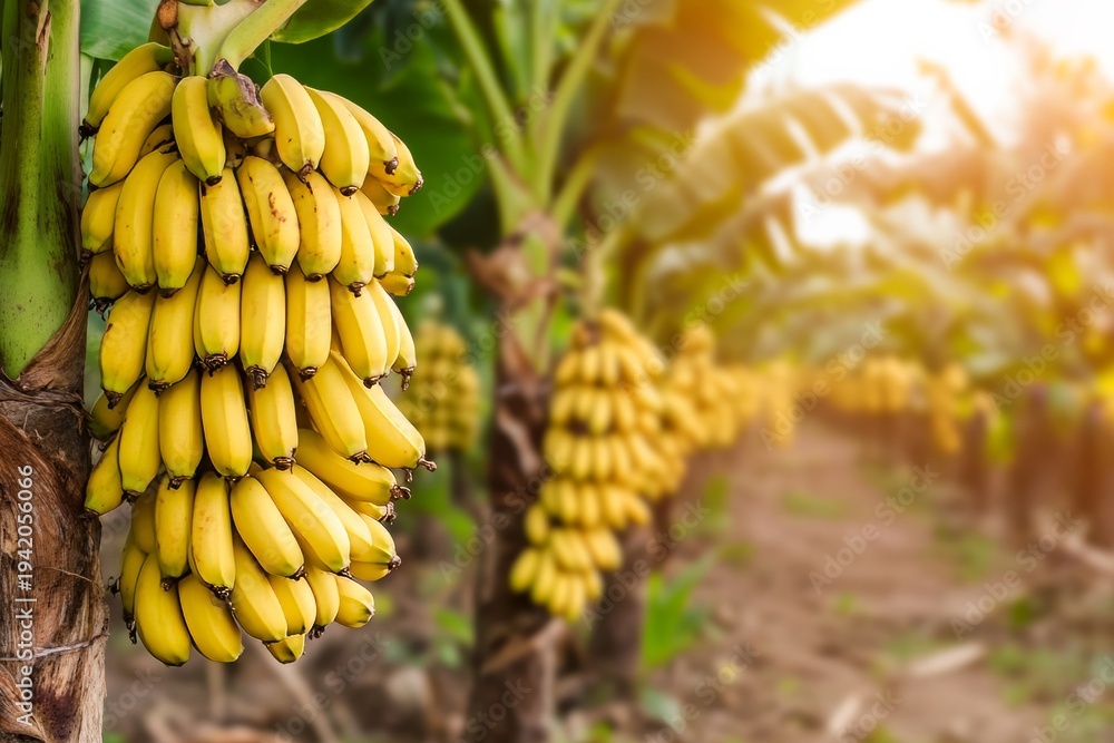 Naklejka premium Rows of ripe yellow bananas hanging from trees in a tropical fruit plantation at sunrise