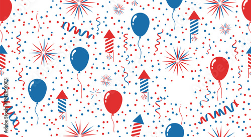 Vector patriotic party background with balloons, fireworks and confetti