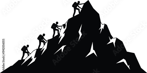 Silhouette of climbers ascending steep mountain peak using ropes, symbolizing teamwork, leadership, adventure, determination, success journey, outdoor challenge, exploration spirit and goal