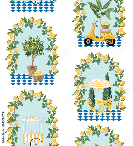 Italian cafe, gelato, lemon tree, scooter, banana tree arch seamless pattern. Summer resort print.	