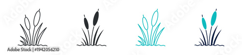 Reed plant icon set, cattail marsh grass nature symbol, outline and solid silhouette style. Vector illustration.