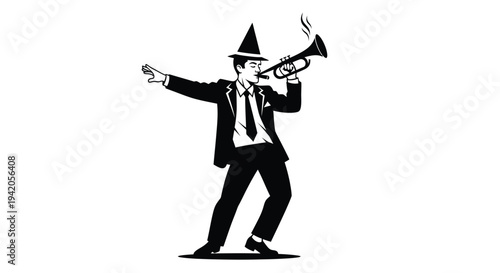 A musician in a suit plays the trumpet wearing a conical party hat.