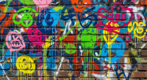 Colorful Graffiti Art on Brick Wall Surface.