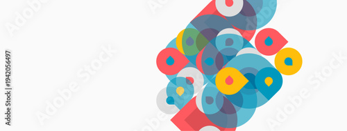 Abstract colorful circles overlap, creating dynamic visual composition. Bright hues dominate white background. Modern design element.