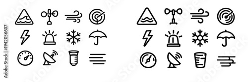 Collection of weather forecast and meteorology line icons featuring storm wind rain and temperature symbols on white background