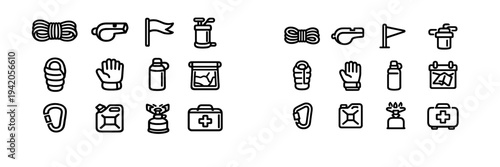 Camping and hiking equipment line icons set featuring outdoor survival gear like rope whistle carabiner and first aid kit on white