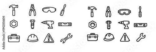 Construction and DIY hand tool icon set including hammer pliers screwdriver drill and safety equipment on white background