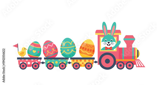 Bunny drives a cheerful train carrying decorated Easter eggs.