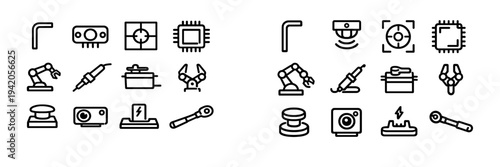 Industrial automation and robotics line icons set featuring robotic arm microchip soldering iron and electronic components for manufacturing