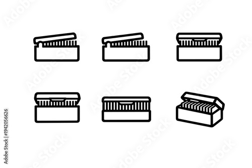 Minimalist black and white line icons of storage boxes for organizing and slides in various open and closed positions