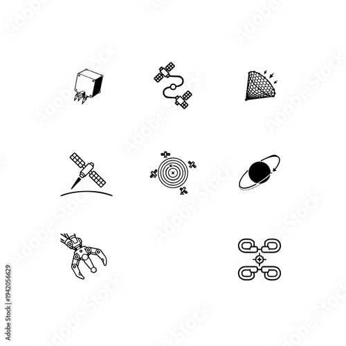 Space logistics and orbital debris clearing linear icon set, satellite refueling, robotic space tug and space junk removal vector symbols