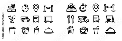 Set of restaurant and street food service icons including cash register food truck takeout box and dining symbols on white background