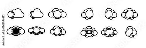 Set of cloud computing and global network icons with circular elements for data storage and connectivity symbols on white background
