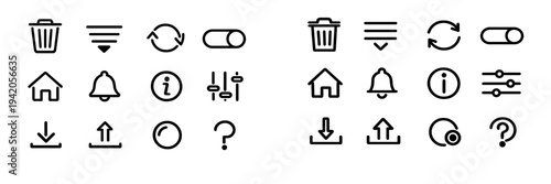 Minimalist black line user interface icons set including home trash bell download upload settings and information symbols on white