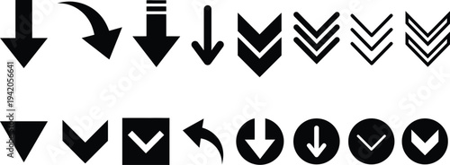 Collection of various black downward arrows and chevrons on a white background
