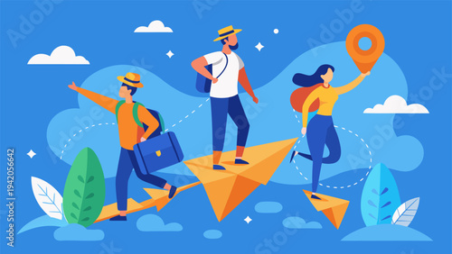 Young tourists with suitcases and backpacks hiking and navigating a route using a giant map and location pin symbols.eps