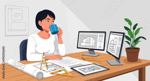 Woman Architect Working at Desk with Coffee.