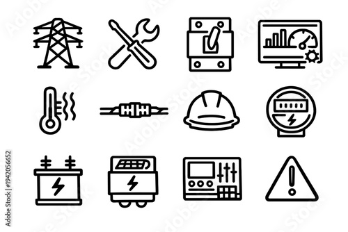 Set of electricity and power utility line icons featuring energy pylon tools circuit breaker hard hat electric meter and warning sign