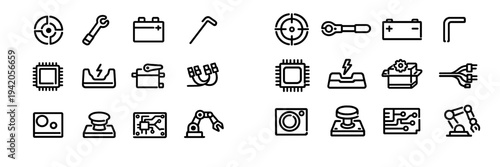 Set of electronic engineering and industrial robotics line icons including battery microchip robotic arm and circuit board elements