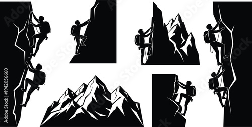Black and white mountain climbing illustrations showing climbers ascending steep rock faces with backpacks and rugged peaks symbolizing adventure determination strength and outdoor exploration themes