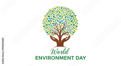 Hands cradle a leafy tree graphic for ecology awareness.