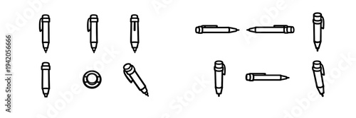 Set of black and white pen icons in different angles and positions for and school stationery design elements