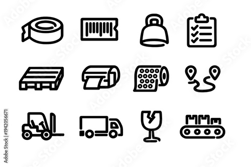 Logistics and shipping icon set featuring delivery truck forklift pallet barcode and warehouse equipment symbols on white background