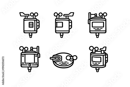 Meteorological weather station icons with anemometer wind vane and digital sensor equipment for climate monitoring and atmospheric data