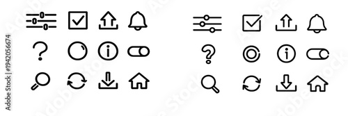 Minimalist black line user interface icons set including search home download upload bell and settings symbols on white background