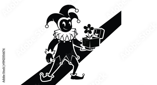 A jester character holding a surprise box with a flower.