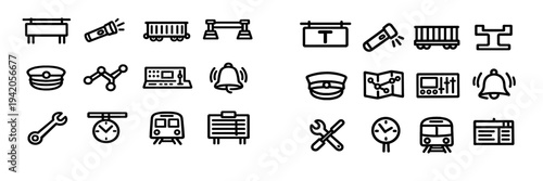 Set of railway and train station line icons including locomotive bell clock and conductor hat on white background