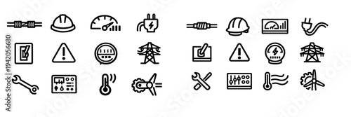 Set of electricity and power energy icons featuring electrical tools equipment and renewable energy symbols on white background