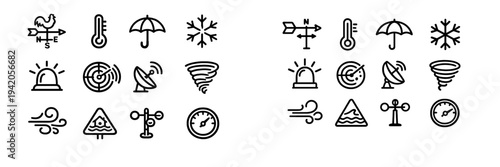 Weather and meteorology icon set featuring thermometer umbrella snowflake tornado wind and radar symbols on white background