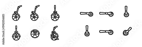 Set of black and white line icons representing various handheld rotary cutting tools and sewing tracing wheels on a white background