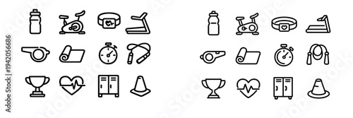 Fitness and gym equipment line icons set including treadmill stationary bike water bottle stopwatch jump rope yoga mat and trophy