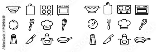 Kitchen and cooking line icon set featuring chef hat oven stove spatula knife whisk apron and frying pan on white background
