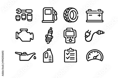 Automotive service and car maintenance line icon set featuring engine battery tire oil and repair tools on white background