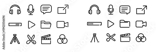 Minimalist multimedia and video editing line icon set featuring headphones microphone play button and clapperboard symbols